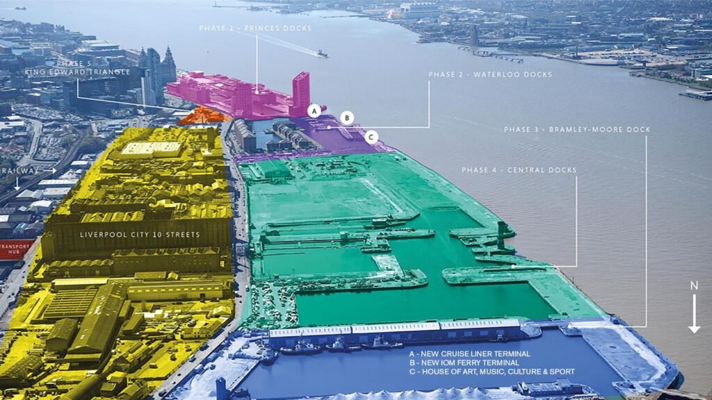 An elevated image of the Liverpool docks, with different areas segmented by the colours yellow, blue ,green, navy and purple. 